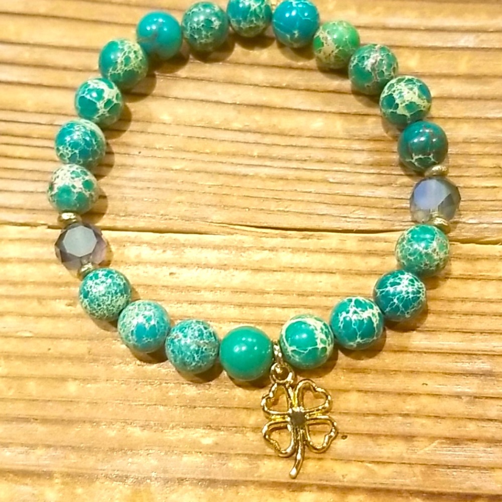 Handmade Sea Jasper Shamrock Bracelet with Shamrock charm!